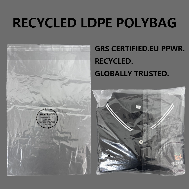 LDPE Polybag ທີ່ລີໄຊເຄີນແບບກຳນົດເອງຊ່ວຍໃຫ້ຍີ່ຫໍ້ແຟຊັນຍົກລະດັບການຫຸ້ມຫໍ່ແບບຍືນຍົງດ້ວຍວັດສະດຸລີໄຊເຄີນທີ່ໄດ້ຮັບການຮັບຮອງ GRS